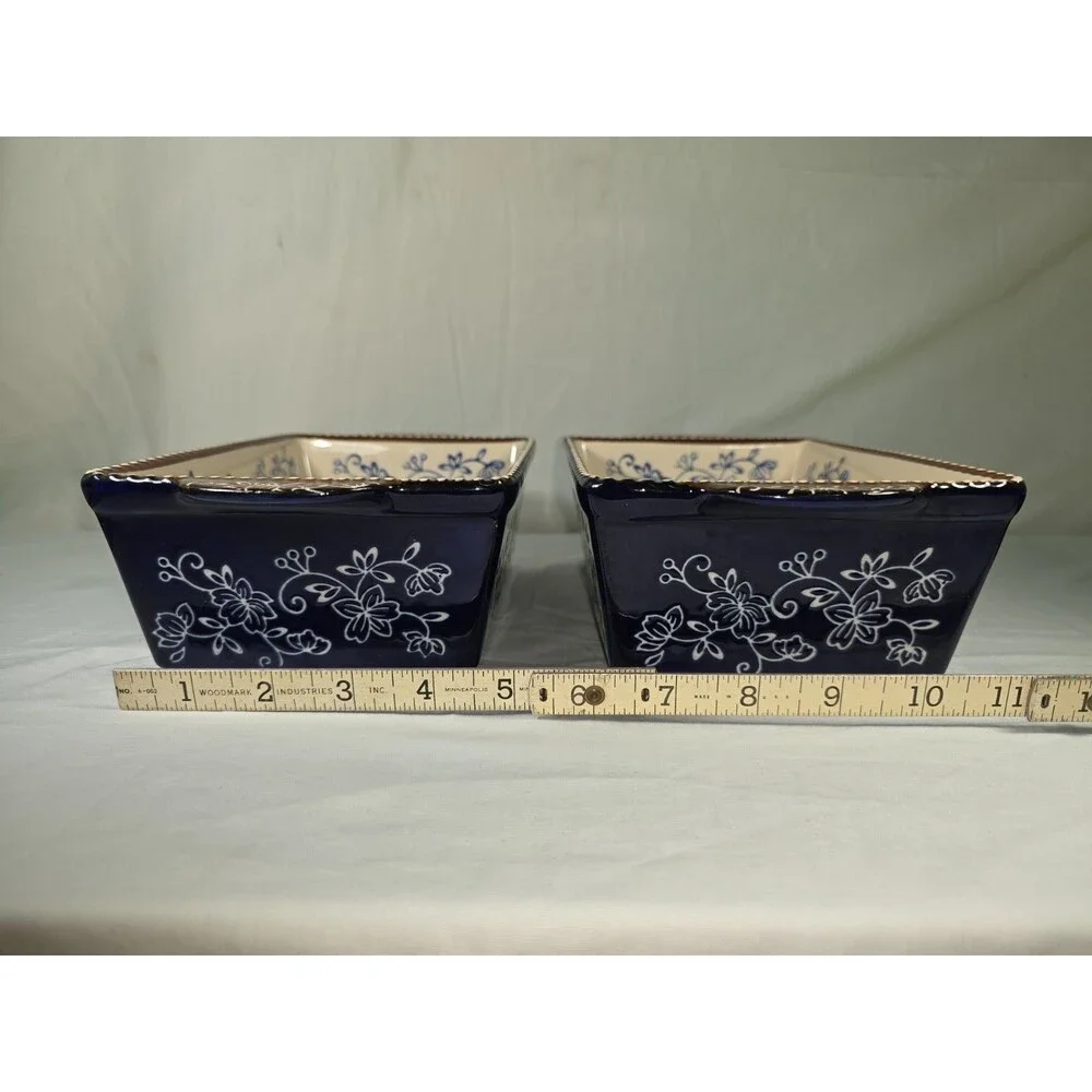 Temp-tations Floral Lace Cobalt Blue 1.5 QT Loaf Pan Set of 2 Retired Bakeware
